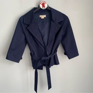 MICHAEL Michael Kors Navy Blue Open Front Short Jacket Size L Tie Waist Belt
